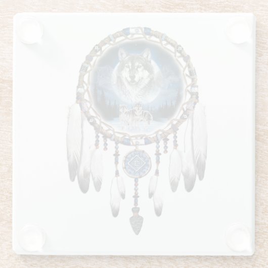 Dream Catcher mit Wolfshintergrund Glasuntersetzer (Rückseite)
