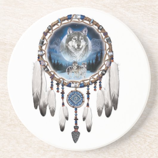 Dream Catcher mit Wolfshintergrund Sandstein Untersetzer (Vorne)