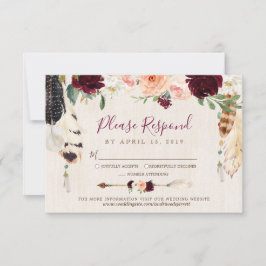 Dream Catcher Moon Peach & Burgundy Boho Wedding RSVP Karte