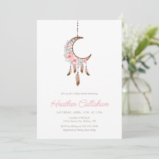 Dream Catcher Pink Boho Kinderdusche Einladung (Stehend Vorderseite)