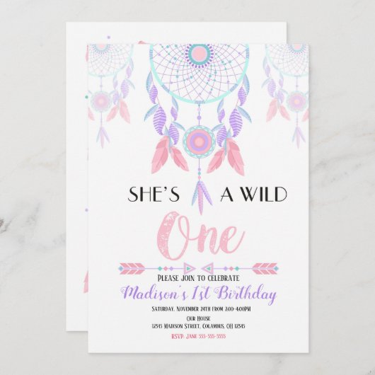 Dream Catcher Wild Einladung zum 1. Geburtstag (Vorne/Hinten)