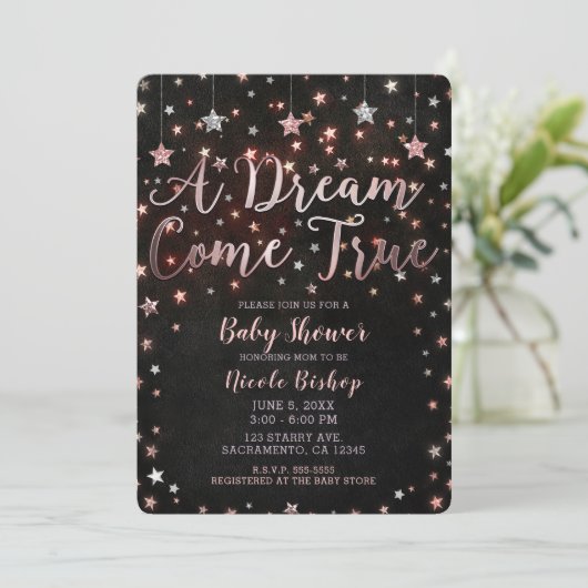 Dream Come - der wahre Schwarze Rose Gold Stars Ki Einladung (Stehend Vorderseite)