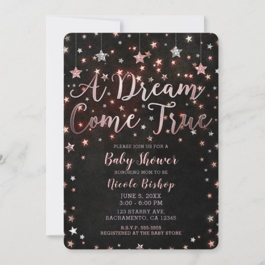 Dream Come - der wahre Schwarze Rose Gold Stars Ki Einladung (Vorderseite)