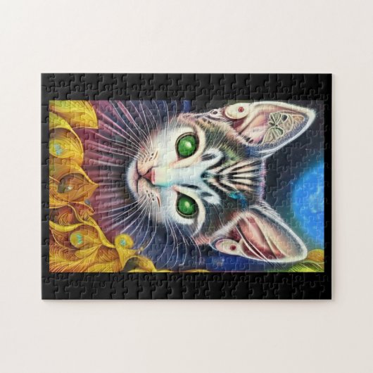 Dream Katz grüne Augen Fantasie golden Federn Puzzle (Horizontal)
