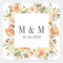 Dream Peach Botanical Frame Wedding Monogram Quadratischer Aufkleber