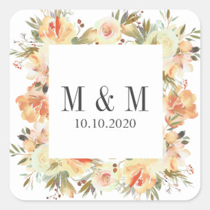 Dream Peach Botanical Frame Wedding Monogram Quadratischer Aufkleber