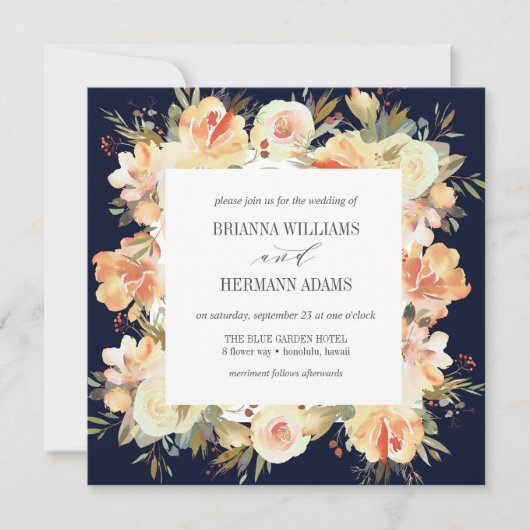 Dream Peach & Navy | Spring Floral Diamond Wedding Einladung (Vorderseite)