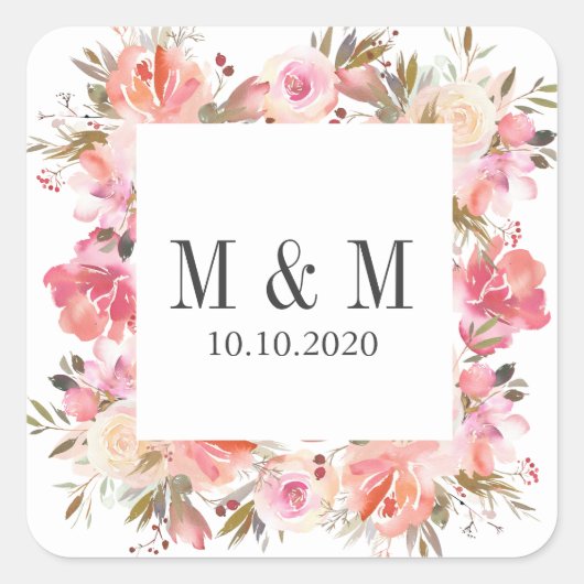 Dream Pink Botanical Frame Wedding Monogram Quadratischer Aufkleber (Vorderseite)
