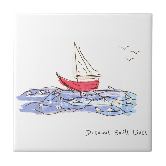 Dream Sail Live Sea Boat Seagull Sketch Fliese (Vorderseite)