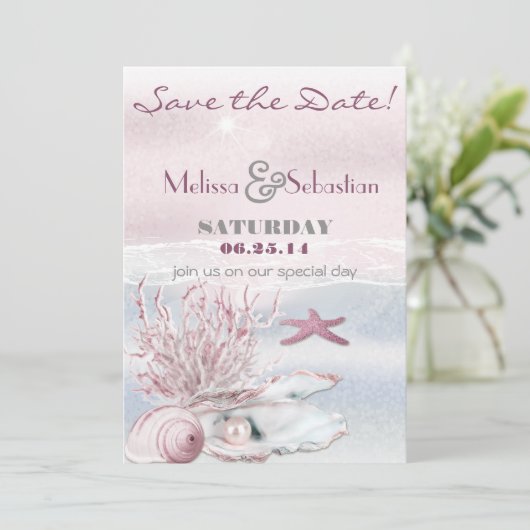 Dream Shore Beach Pink Wedding Save the Date (Stehend Vorderseite)