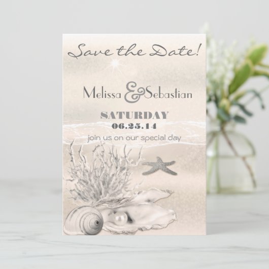 Dream Shore Beach Sepia Wedding Save the Date (Stehend Vorderseite)