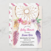 Dreamcatcher Baby Dusche Floral Einladung Rosa (Vorne/Hinten)