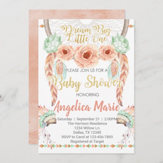 Dreamcatcher Baby-Duschen-Einladungs-Koralle Einladung (Vorne/Hinten)