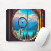Dreamcatcher im Fenster mit Blick auf die Berge Mousepad (Mit Mouse)