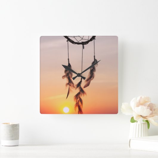 Dreamcatcher, Sunset, Yoga, Indian Amulet, Orange, Quadratische Wanduhr (Zuhause)