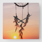 Dreamcatcher, Sunset, Yoga, Indian Amulet, Orange, Quadratische Wanduhr (Vorderseite)
