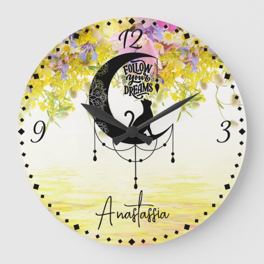 Dreamcatcher with cat | Follow your dreams Große Wanduhr (Vorderseite)