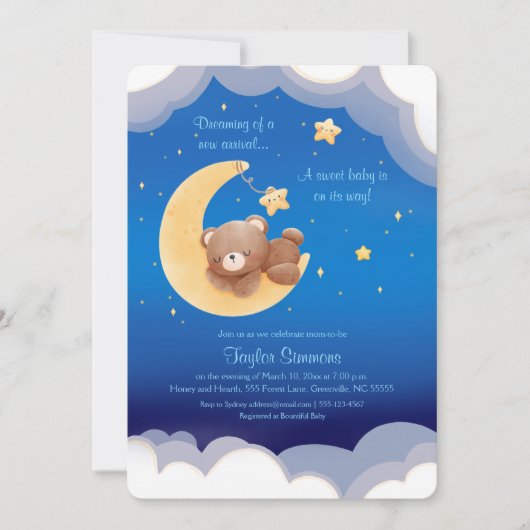 Dreaming New Arrival Bear Night Sky Baby Shower In Einladung (Vorderseite)