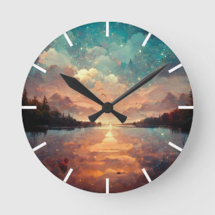 Dreamlike Lake And Sunset   Landscape Painting Runde Wanduhr