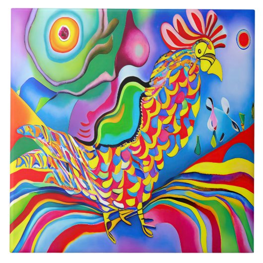 "Dreamscape Bird". Ein SQ-surreal abstrakter Hahn Fliese (Vorderseite)