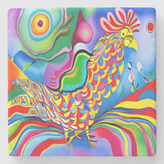 "Dreamscape Bird". Ein SQ-surreal abstrakter Hahn Steinuntersetzer (Vorderseite)