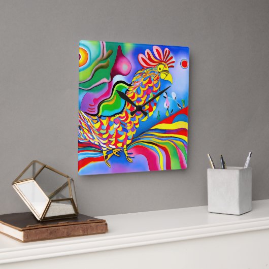 "Dreamscape Bird". Ein surreal abstrakter Hahn Quadratische Wanduhr (Büro)