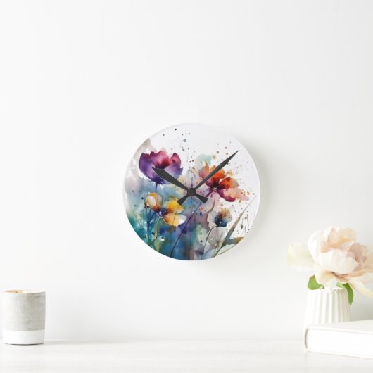 Dreamscape Garden: Abstrakte Aquarellfarben Blume Runde Wanduhr (Zuhause)