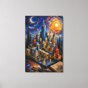 Dreamscape Metropolis Impasto-Fantasie-Stadt Leinwanddruck