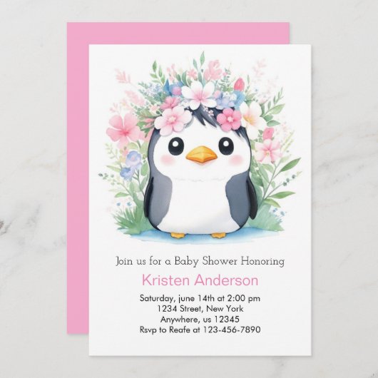 Dreamscape Wasserfarbe Girl Pinguin Kinderdusche Einladung (Vorne/Hinten)