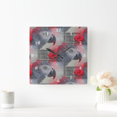 Dreamy African Grey with Red Roses Quadratische Wanduhr (Zuhause)