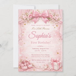 Dreamy and Glitter Floral Pink Bow 1st Birthday Einladung