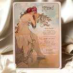 Dreamy Art Nouveau Wedding Menu Card Einladung<br><div class="desc">Diese exquisite Jugendstil-Hochzeitskarte bringt Ihnen einen ruhigen, naturlich inspirierten Charme. Das Design besticht durch eine ruhige Frau, die mit einer Krone roter Blüten geschmückt ist. Sie sitzt friedlich am Ufer mit fließenden Ästen und weichem Blattwerk. Die sanfte Farbpalette sanfter Blues, warmer Beige und gedämpfter Grüntöne verleiht dieser Karte eine traumhafte,...</div>