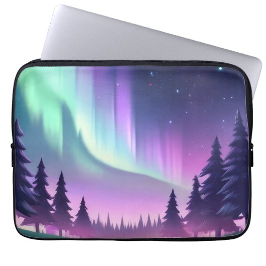 Dreamy Aurora Night: Lila Wald und grünes Licht Laptopschutzhülle (Vorderseite)