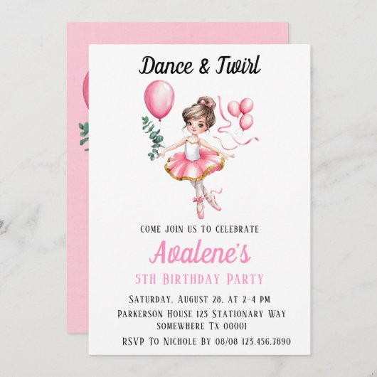 Dreamy Ballerina in Flight: Tanz & Twirl Geburtsta Einladung (Vorne/Hinten)