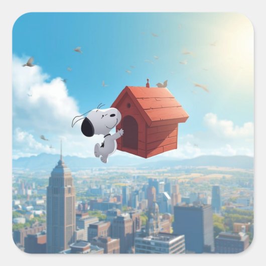 Dreamy Beagle Floating City Comic Illustration Quadratischer Aufkleber (Vorderseite)