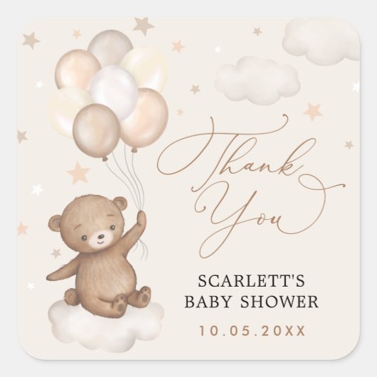 Dreamy Bear & Balloons Babydusche Vielen Dank Quadratischer Aufkleber (Vorderseite)