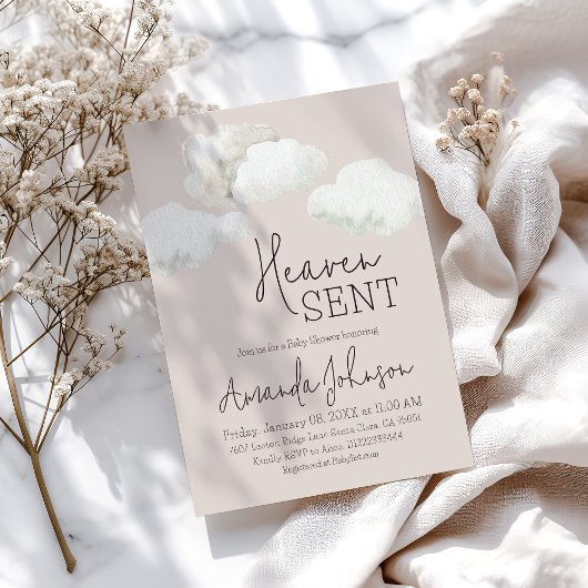 Dreamy Beige Heaven Sent Baby Shower Einladung