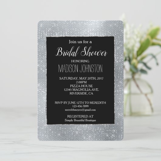 Dreamy Black Glitzy Silver Sparkle Einladung (Stehend Vorderseite)
