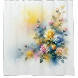 Dreamy Blau, Gelb und Rosa Rosen Wasserfarbe Duschvorhang
