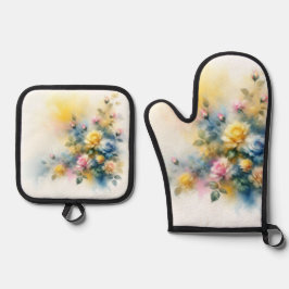 Dreamy Blau, Gelb und Rosa Rosen Wasserfarbe Ofenhandschuh & Topflappen-Set