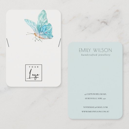 Dreamy Blue Aqua Butterfly Logo Necklace Display Visitenkarte (Vorne/Hinten)