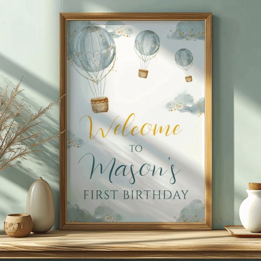 Dreamy Blue Balloon First Birthday Boy Glitzer Poster