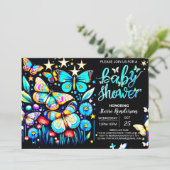 Dreamy Blue Butterfly Garden Boy Baby Dusche Einladung (Stehend Vorderseite)