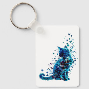 Dreamy Blue Cat - Butterfly & Floral Art Schlüsselanhänger