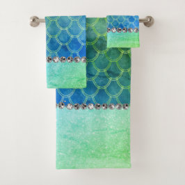 Dreamy Blue Green Mermaid Diamond Bling Badhandtuch Set