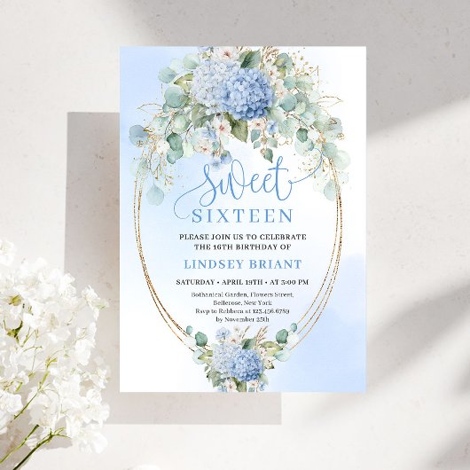 Dreamy Blue Hydrangeas Gold Sweet Sixteen Invite Einladung