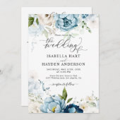 Dreamy Blue Navy Floral All in 1 QR Code Hochzeit Einladung (Vorne/Hinten)