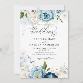 Dreamy Blue Navy Floral All in 1 QR Code Hochzeit Einladung