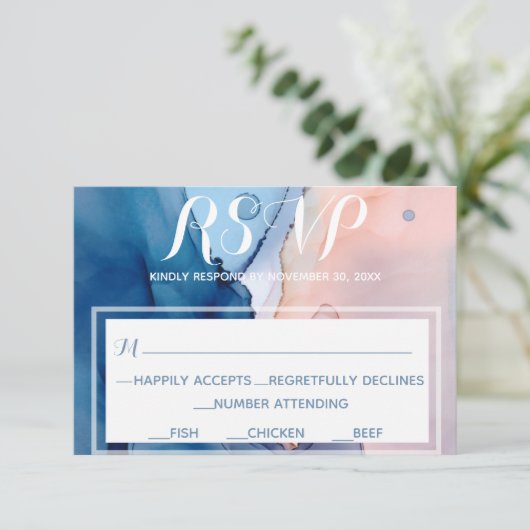 *~* Dreamy Blue Pink Wasserfarbe Moderne Trendy RSVP Karte (Stehend Vorderseite)