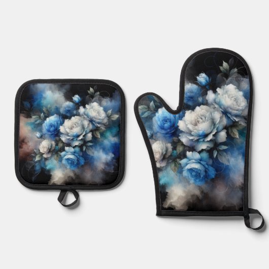 Dreamy Blue und White Roses Ofenhandschuh & Topflappen-Set (Vorderseite)